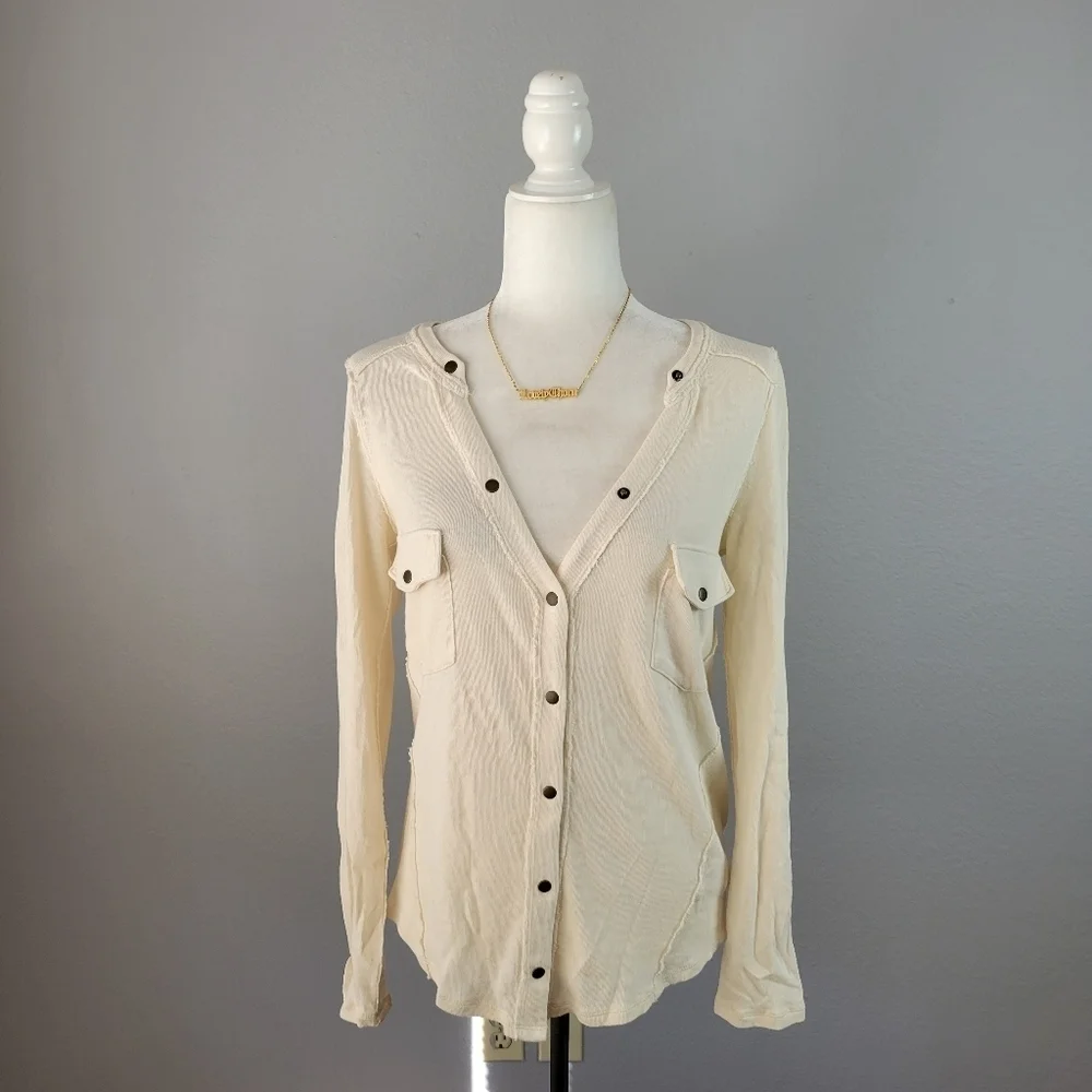 FREE PEOPLE // long sleeve plunge snap button flap pocket woven knit henley